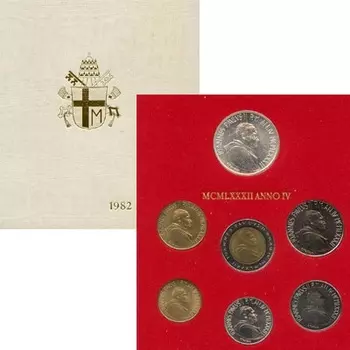 Набор монет 1982 Anno IV Ватикана 1982 года ? Набор монет Ватикана Anno IV, 1982 года ? В комплект входят 7 монет с номиналами от 10 до 1000 лир, каждая из которых излучает благородство и глубокое духовное значение
