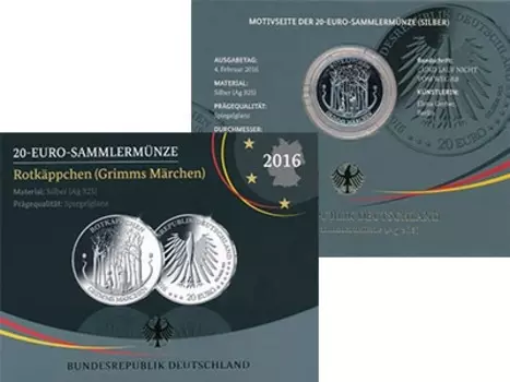 Набор монет 20 евро Германии 2016 года Серебро А, Красная шапочка