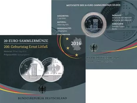 Набор монет 20 евро Германии 2016 года Серебро D, Эрнст Литфасс