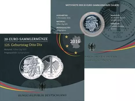 Набор монет 20 евро Германии 2016 года Серебро G, Отто Дикс