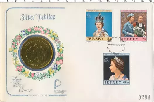 Набор монет 25 пенсов Острова Джерси 1977 года Медно-никель Серебряный юбилей Елизаветы II