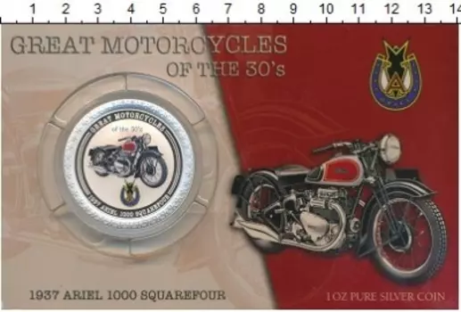 Набор монет 2 доллара Островов Кука 2007 года Серебро Мотоцикл : Ariel 1000 Squarefour 1937