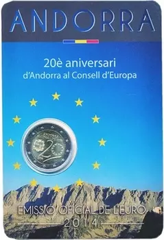Набор монет 2 евро Андорры 2014 года Биметалл 20 лет Андорра в Совете Европы
