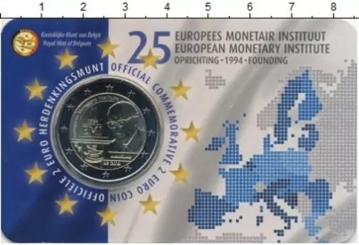Набор монет 2 евро Бельгии 2019 года Биметалл 25-летие Европейского валютного института (EMI): Бельгия, 2019 год Погрузитесь в волнующую историю европейской валютной системы с этой уникальной монетой, выпущенной в честь 25-летия Европейского валютного института (EMI)! ? На лицевой стороне монеты изображен профиль основателя института, символизируя взгляд в будущее и устремления к финансовой стабильности Европы