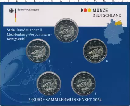 Набор монет 2 евро Германии 2024 года Биметалл В набор входит 5 монет всех монетных дворов А,D,F,J,G Федеральные земли: Мекленбург-Передняя Померания