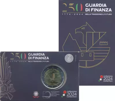 Набор монет 2 евро Италии 2024 года Биметалл 250 лет Финансовой гвардии