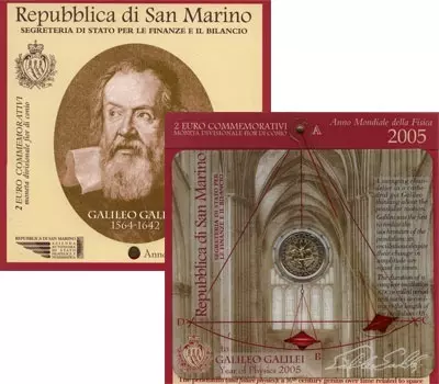 Набор монет 2 евро Сан-Марино 2005 года Биметалл Галилео Галилей (1564 - 1642) по праву может считаться одним из основателей современной науки