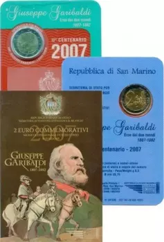 Набор монет 2 евро Сан-Марино 2007 года Биметалл Набор посвящен 300-летию рождения народного героя Италии, полководца, одного из лидеров движения за политическое объединение Италии, Джузеппе Гарибальди