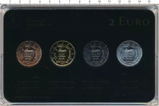 Набор монет 2 евро Сан-Марино 2011 года Биметалл Набор из 4 монет 2011 и 2012 годов с покрытием разными металлами: Красное и желтое золото, Рутений, Платина