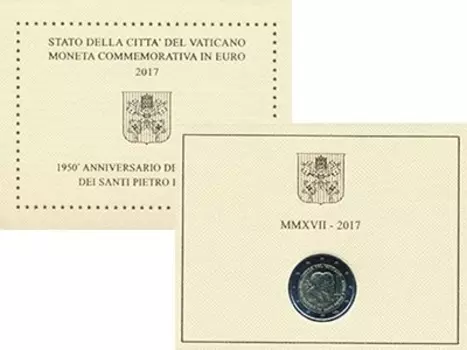 Набор монет 2 евро Ватикана 2017 года Биметалл 1950-летие мученической смерти Святых Петра и Павла (оригинальный буклет)