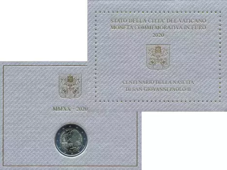 Набор монет 2 евро Ватикана 2020 года Биметалл Монета посвещена 100 летию со дня рождения Иоанна Павла II
