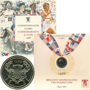 Набор монет 2 фунта Англии 1986 года Латунь Представляем Вашему вниманию, подарочная монета Великобритании XIII Игры Содружества 1986 года выпуска