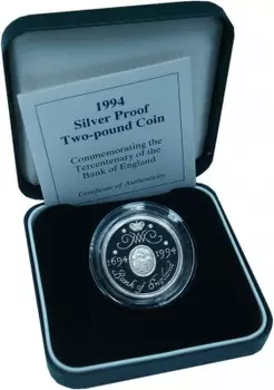 Набор монет 2 фунта Англии 1994 года Серебро 300 лет Банку Англии