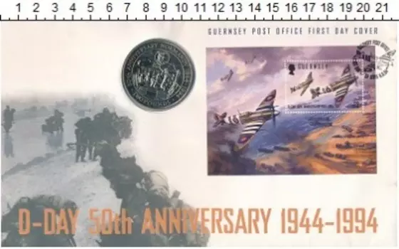 Набор монет 2 фунта Гернси 1994 года Медно-никель Подарочная монета посвящена 50-летию высадки в Нормандии