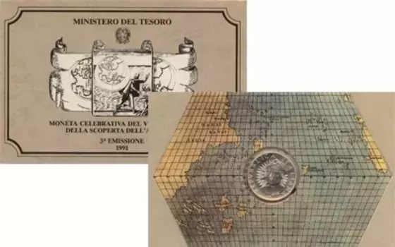 Набор монет 500 лир Италии 1991 года Серебро ? Итальянская серебряная монета "500-лет открытия Америки" выпущеная в 1991 г