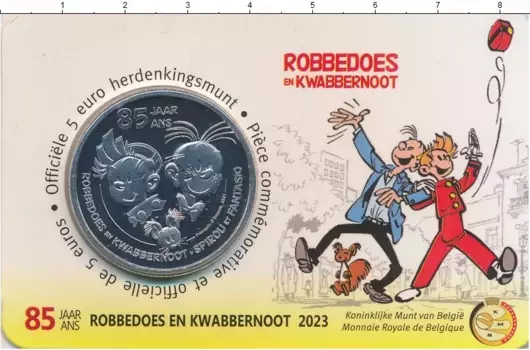 Набор монет 5 евро Бельгии 2023 года Медно-никель ?? "Веселье на страницах" - Памятная монета 85 лет Спиру и Фантазио ?? Отмечайте 85-летие знаменитого комикса с этой коллекционной монетой в 5 евро, выпущенной в Бельгии в 2023 году