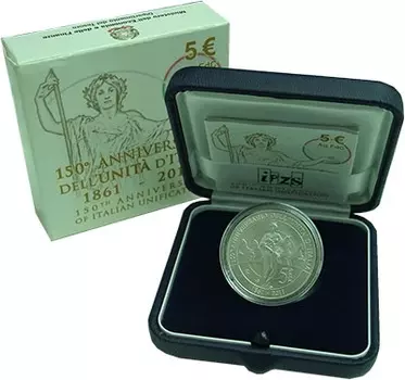Набор монет 5 евро Италии 2011 года Серебро `Подарочная монета посвящена 150-летию объединения Италии