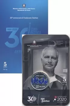 Набор монет 5 евро Италии 2020 года Серебро `30 лет основания ``Телетон``