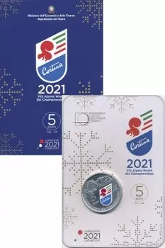 Набор монет 5 евро Италии 2021 года Серебро Чемпионат мира по горнолыжному спорту в Кортина-д’Ампеццо в 2021 году