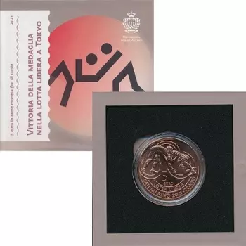 Набор монет 5 евро Сан-Марино 2021 года Медь Юбилейная монета Сан-Марино посвященная победе команды Сан-Марино в вольной борьбе на олимпийских играх в Токио