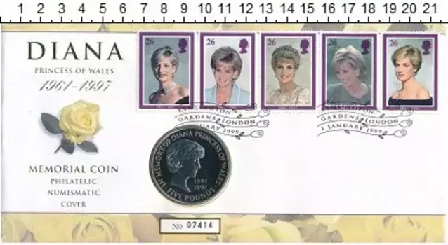 Набор монет 5 фунтов Англии 1999 года Медно-никель Монета мемориальная номиналом 5 фунтов, посвящённая принцессе Диане
