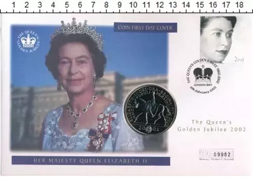 Набор монет 5 фунтов Англии 2002 года Медно-никель Монета номиналом 5 фунтов посвящена 50-летнему юбилею правления королевы Елизаветы II
