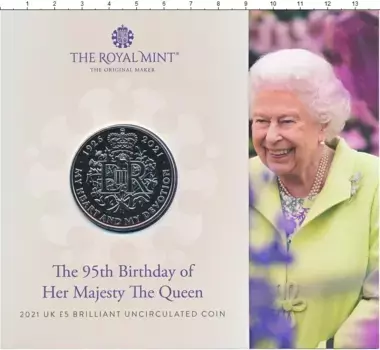 Набор монет 5 фунтов Англии 2021 года Медно-никель 95 лет королеве Елизавете II