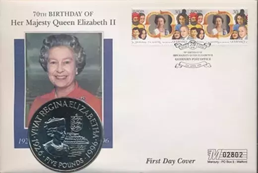 Набор монет 5 фунтов Гернси 1996 года Медно-никель Монета номиналом 5 фунтов посвящена 70-летию со дня рождения королевы Елизаветы II (21 апреля)