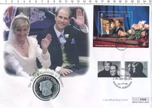 Набор монет 5 фунтов Гернси 1999 года Серебро Свадьба принца Эдварда и мисс Софи Рис-Джонс