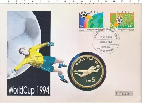 Набор монет 5 лир Мальты 1993 года Серебро Чемпионат Мира по футболу в США 1994