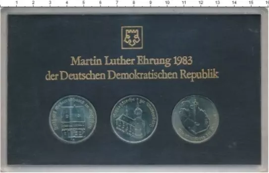 Набор монет 5 марок ГДР 1983 года Медно-никель 3 монеты по 5 марок: Замок Вартбург, Церковь в Виттенберге, Дом Мартина Лютера