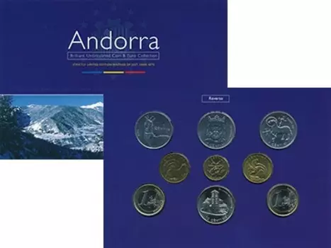 Набор монет Андорра 2002 Андорры 2002 года В набор входят семь монет Андорры различных номиналов и сюжетов, а так же две монеты по 1 евро Испании и Франции