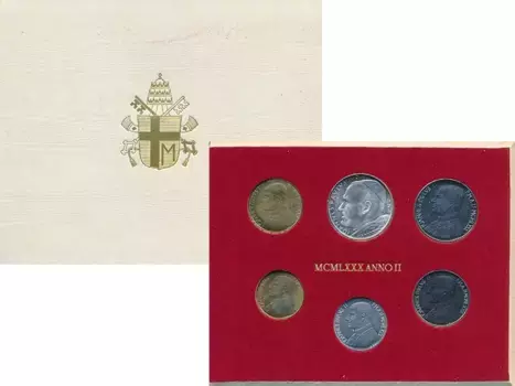 Набор монет Anno II 1980 Ватикана 1980 года В наборе 6 монет: 10 лир, 20 лир, 50 лир, 100 лир, 200 лир, 500 лир (серебро, 835-я проба, 11 грамм)