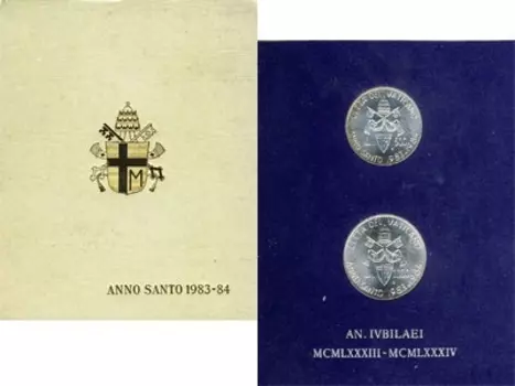 Набор монет Anno Santo 1983 - 1984 Ватикана 1984 года В наборе две серебряные монеты - 500 лир и 1000 лир