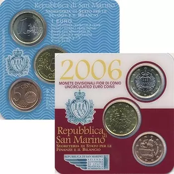 Набор монет Евромонеты 2006 года Сан-Марино 2006 года В наборе три евромонеты регулярного выпуска: 5 центов (3