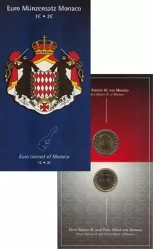 Набор монет Евронабор 2001 года Монако 2001 года Биметалл Подарочный набор находится в красочной упаковке, в него входит две монеты достоинством в 1 евро (биметалл) и 2 евро (биметалл)