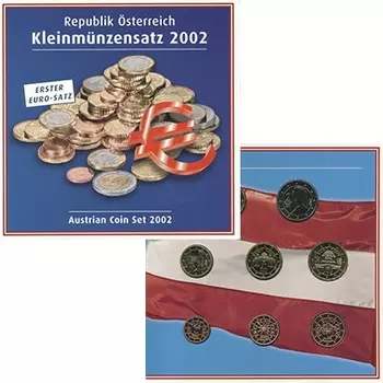 Набор монет Евронабор 2002 Австрии 2002 года В наборе восемь монет регулярной чеканки номиналами: 1 евроцент, 2 евроцента, 5 евроцентов, 10 евроцентов, 20 евроцентов, 50 евроцентов, 1 евро (биметалл), 2 евро (биметалл)