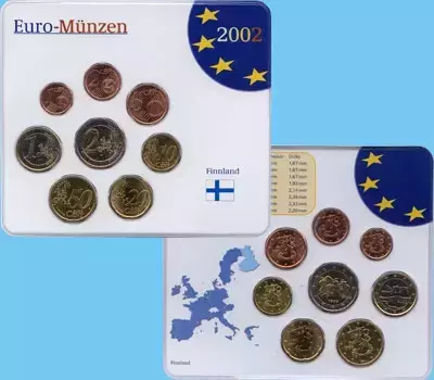 Набор монет Евронабор 2002 года Финляндии 2002 года В наборе 8 монет номиналами 1 евроцент, 2 евроцента, 5 евроцентов, 10 евроцентов, 20 евроцентов, 50 евроцентов, 1 евро (биметалл), 2 евро (биметалл)