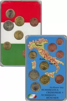 Набор монет Евронабор 2002 года Италии 2002 года Подарочный набор посвящён выпуску евромонет 2002 года