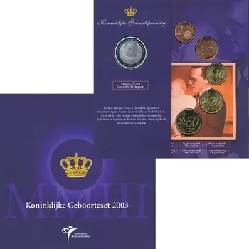 Набор монет Евронабор 2003 года Нидерланд 2003 года В набор входят монеты регулярной чеканки от 1 евроцента до 2 евро, а так же памятный жетон на рождение принцессы Катарины-Амалии (серебро 925