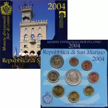 Набор монет Евронабор 2004 Сан-Марино 2004 года Подарочный евронабор, состоящий из 9 монет номиналом 1 евроцент, 2 евроцента, 5 евроцентов, 10 евроцентов, 20 евроцентов, 50 евроцентов, 1 евро, 2 евро, а также серебряной монеты номиналом 5 евро, посвященной Бартоломео Боргези – сан-маринскому историку и эпиграфику