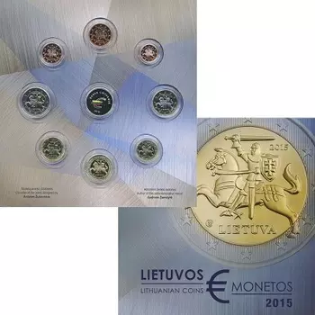 Набор монет Евронабор 2015 года Литвы 2015 года В набор входят восемь монет регулярной чеканки, качеством Proof от 1 евроцента до 2 евро, а так же памятный жетон монетного двора