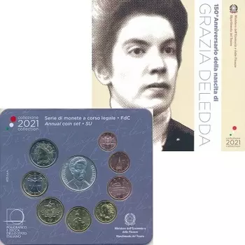 Набор монет Евронабор 2021 года Италии 2021 года ??? "200-лет со дня рождения Грации Деледды" - Евронабор 2021 года ??? Почтите память великой итальянской писательницы и Нобелевского лауреата Грации Деледды с этим изысканным евронабором 2021 года, выпущенным Итальянским монетным двором