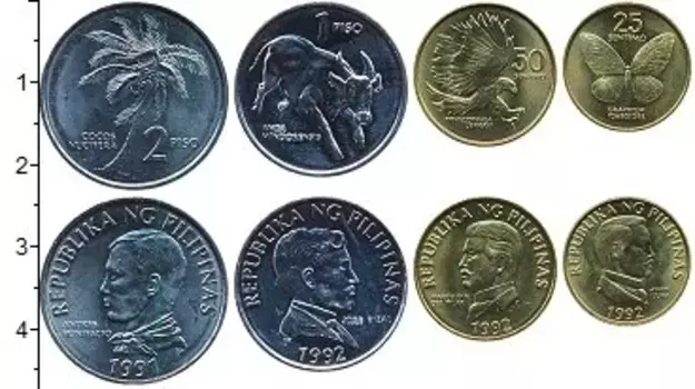 Набор монет Филиппины 1991-1994 Филиппин В наборе 4 монеты номиналом 2 писо 1991, 1 писо 1992, 50,25 сентимо 1992