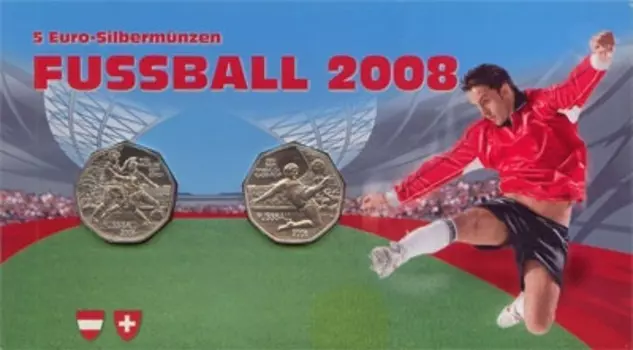 Набор монет 5 евро Австрии 2008 года Серебро Подарочные монеты номиналом 5 евро каждая посвящены 13-му Чемпионату Европы по футболу, проводимому раз в четыре года под эгидой УЕФА