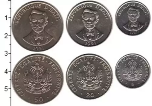Набор монет Гаити 1991-1997 Гаити Медно-никель В наборе 3 монеты номиналом 5 сентим, 20 сентим, 50 сентим