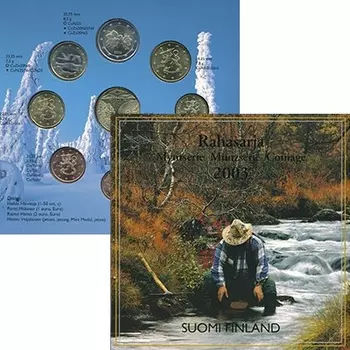Набор монет Годовой набор евро 2003 Финляндии 2003 года Чеканка монет посвящена добыче золота в Финляндии, поскольку Лапландия считается землей “золота”