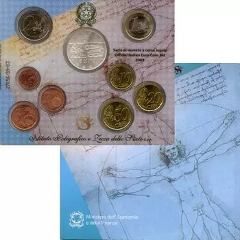 Набор монет Годовой набор евромонет 2003 Италии 2003 года !!! Монета 5 евро имеет небольшое пятно окиси !!!Набор посвящен всемирноизвестному великому итальянскому художнику и ученому Леонардо Да Винчи
