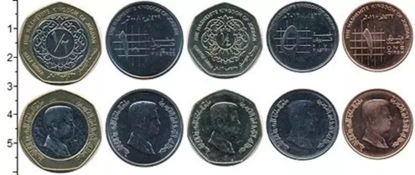 Набор монет Иордания 2000-2006 Иордании В наборе 5 монет номиналом 1 кирш, 5 пиастр, 10 пиастр, 1/4 динара, 1/2 динара