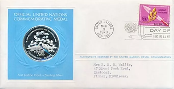 Набор монет Медаль ООН Америки 1973 года Серебро `Памятная медаль ООН ``Десятилетие разоружения``(серебро 925